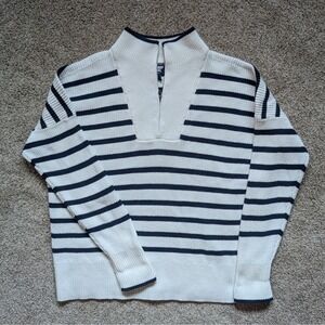Lands End Womens Sz L White & Navy Chunky Knit 1/4 Zip Mock Neck Sweater Preppy